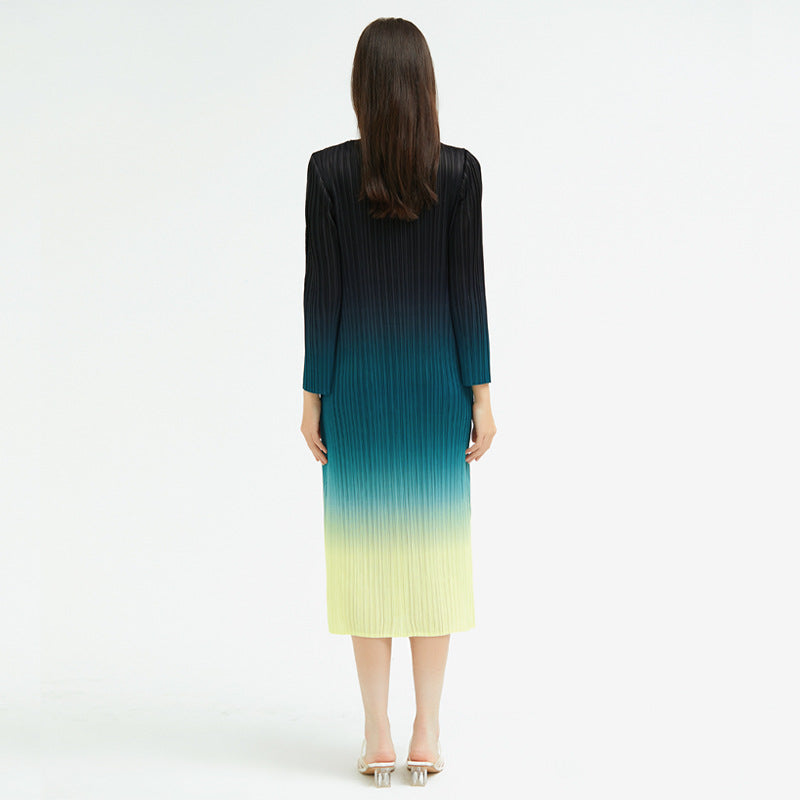 2025 spring temperament inner base gradual change pleated dress mid waist thin versatile Korean version long sleeve skirt women