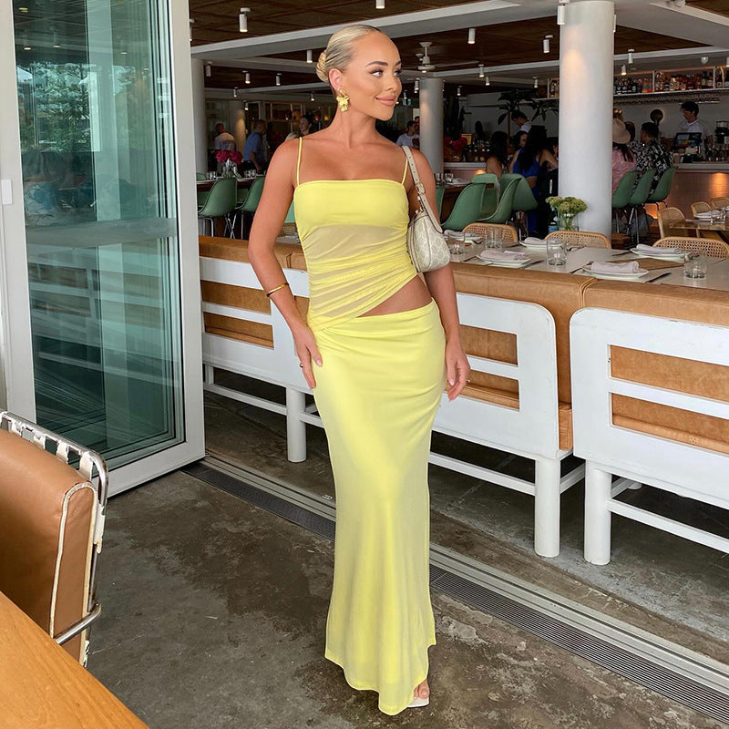 2025 R24ST032 2025 women's clothing summer new solid color casual sleeveless pleated suspender top slim dress set