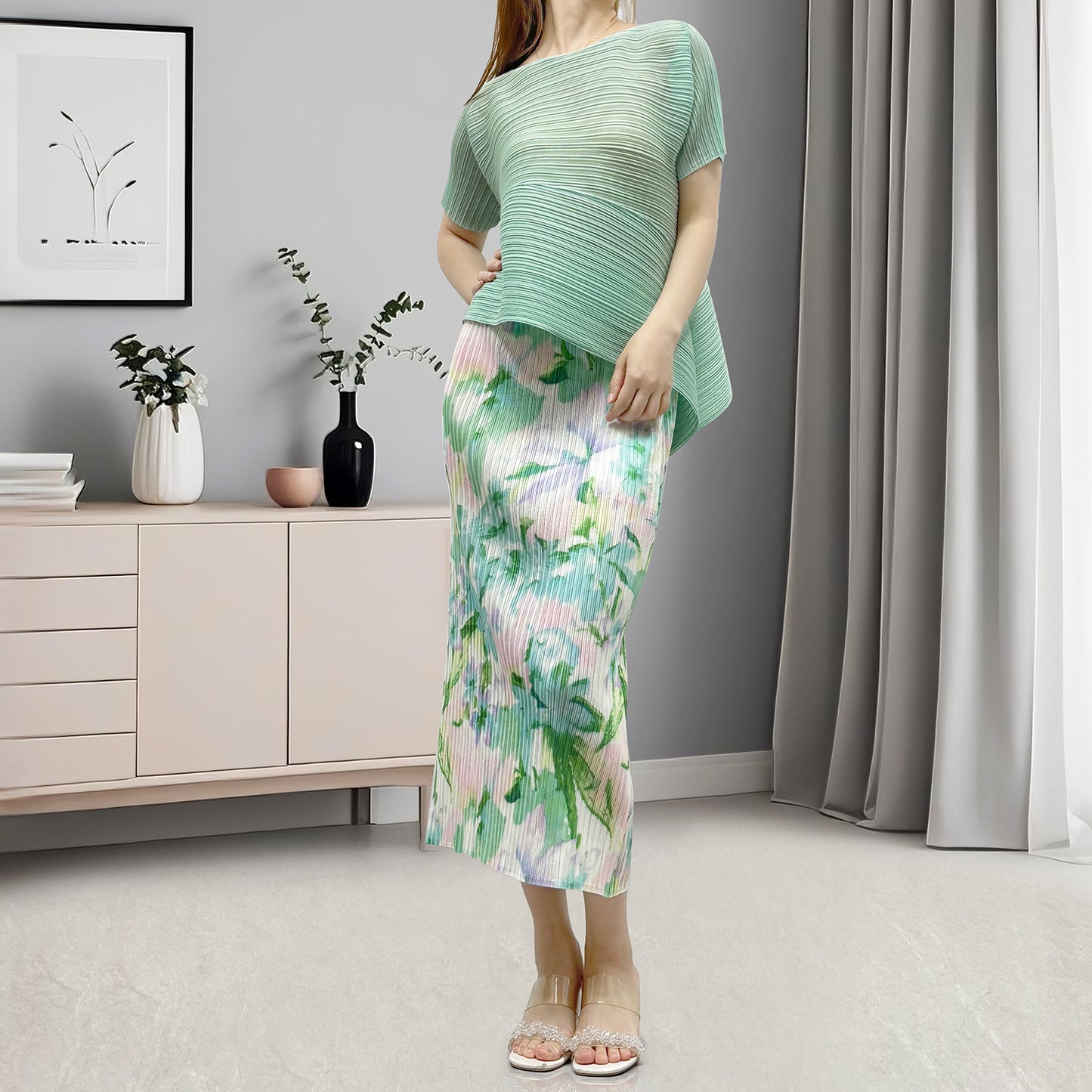 suit women's clothing high-end commuting summer popular short-sleeved T-shirt split-ended hip skirt two-piece set