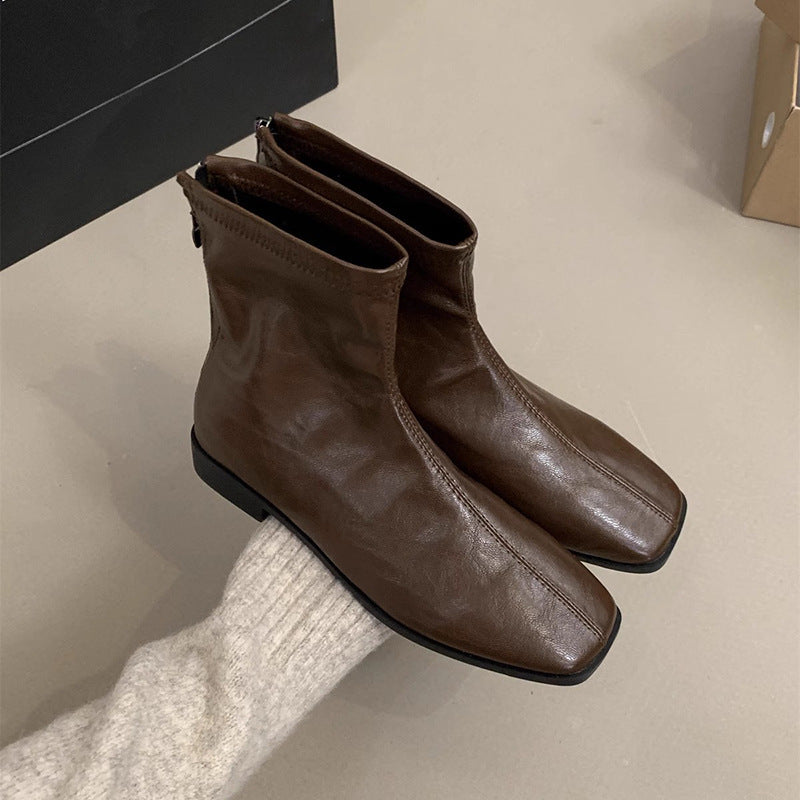 2025 Retro square head Popular style small short boots women's autumn and winter new soft leather thin boots rear zipper short Martin boots single boots