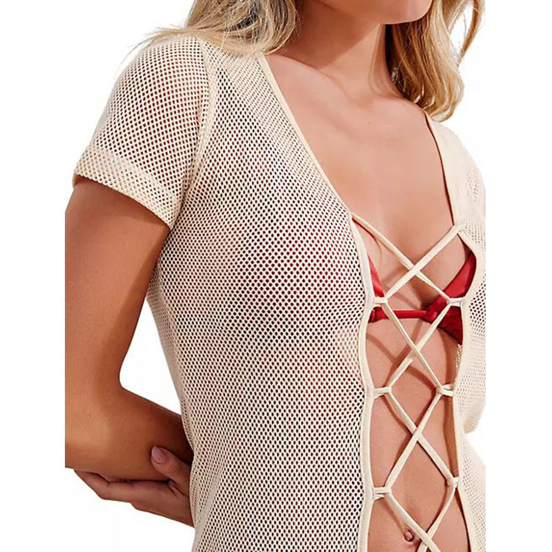 2025 Popular, popular summer new beach skirt women solid color sexy hollow beach bikini swimsuit blouse sunscreen clothing