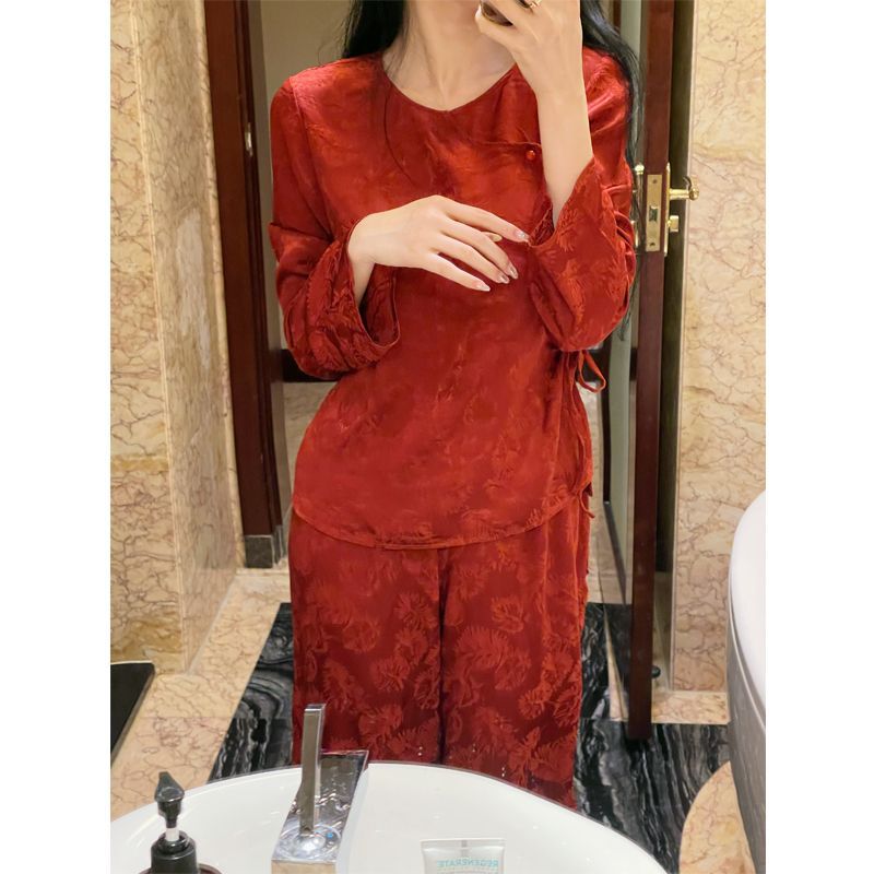 2025 Pajamas women's spring and autumn skin-friendly long-sleeved new Chinese style temperament retro can be worn outside loungewear suit dark flower morning robe