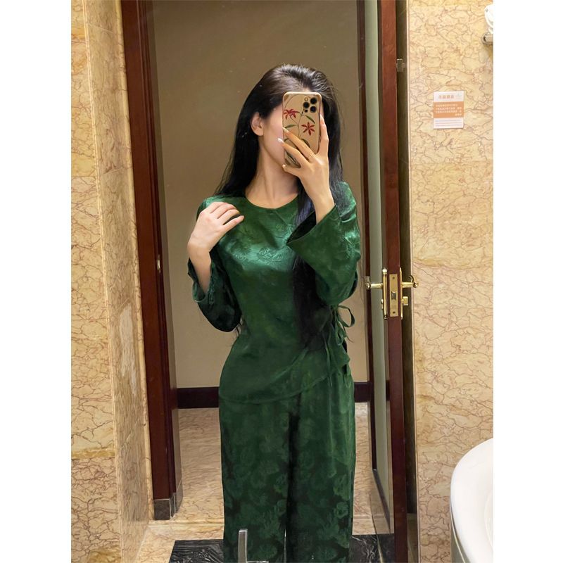 2025 Pajamas women's spring and autumn skin-friendly long-sleeved new Chinese style temperament retro can be worn outside loungewear suit dark flower morning robe