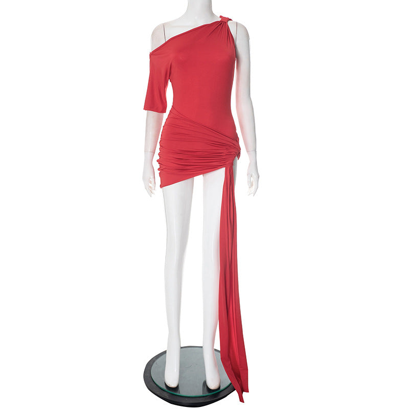 2025 F24DS386 2025 New women's clothing spring new solid color sexy slim asymmetrical streamer short dress