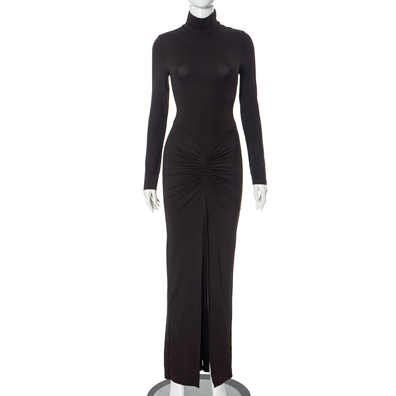 2025 F24DS113 2025 New women's clothing 2025 spring temperament hip-wrapped high-neck long-sleeved slim-fitting high-waisted long dress