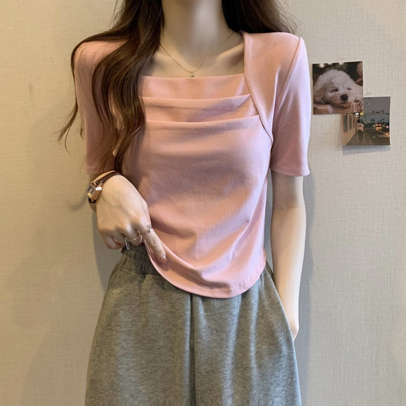 Spring women's 2025 new pink unique chic square neck short-sleeved shirt irregular pleated short top tide