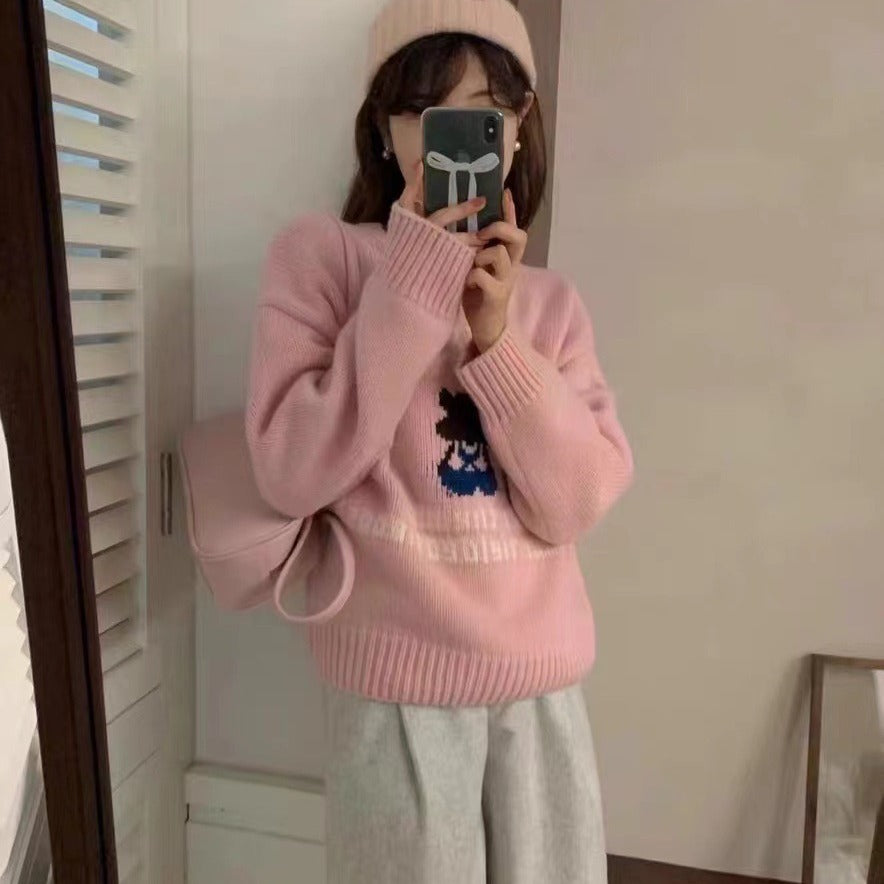 2025 Autumn and winter new wool-blend sweater bear jacquard round neck lazy wind pullover sweater sweet top 31599