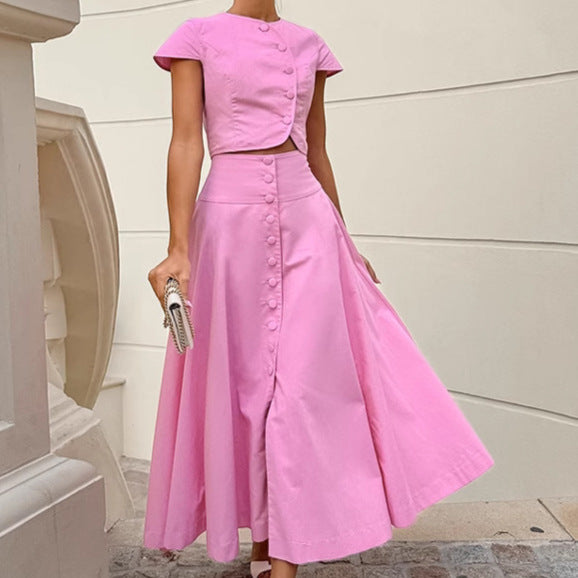 2025 spring and summer new pink pure cotton high-waisted V-neck skirt set fashionable New wholesale women's clothing two-piece set