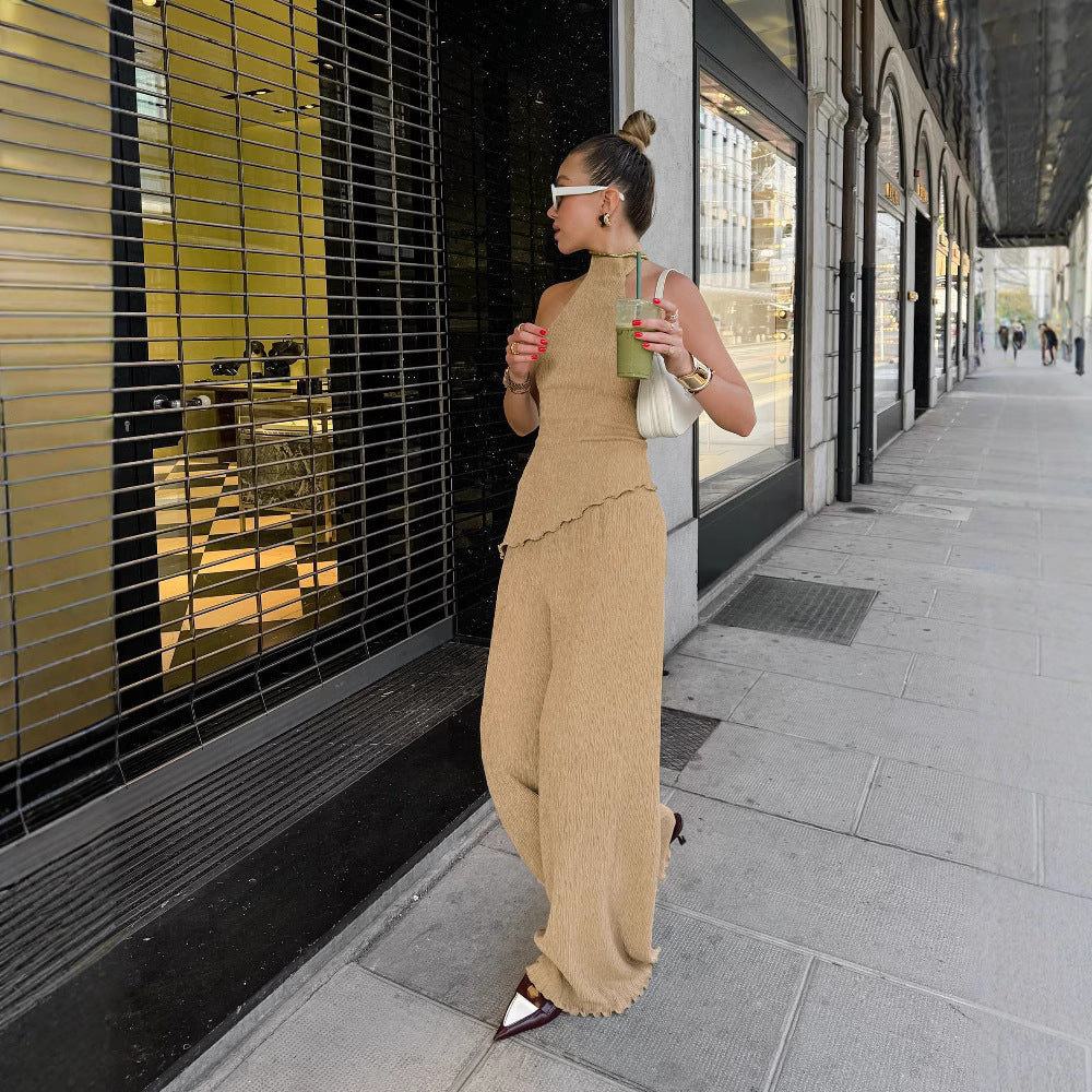 2025 spring and summer design sense green sleeveless neck vest wide pants two-piece fashion suit commuter women