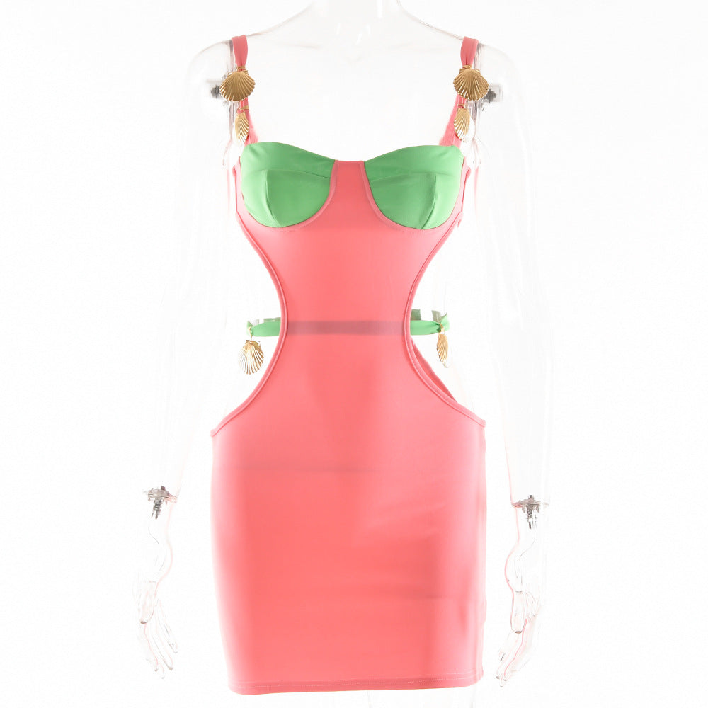 2025 New women's clothing contrasting color splicing suspender short skirt summer fashion sexy waist design dress women