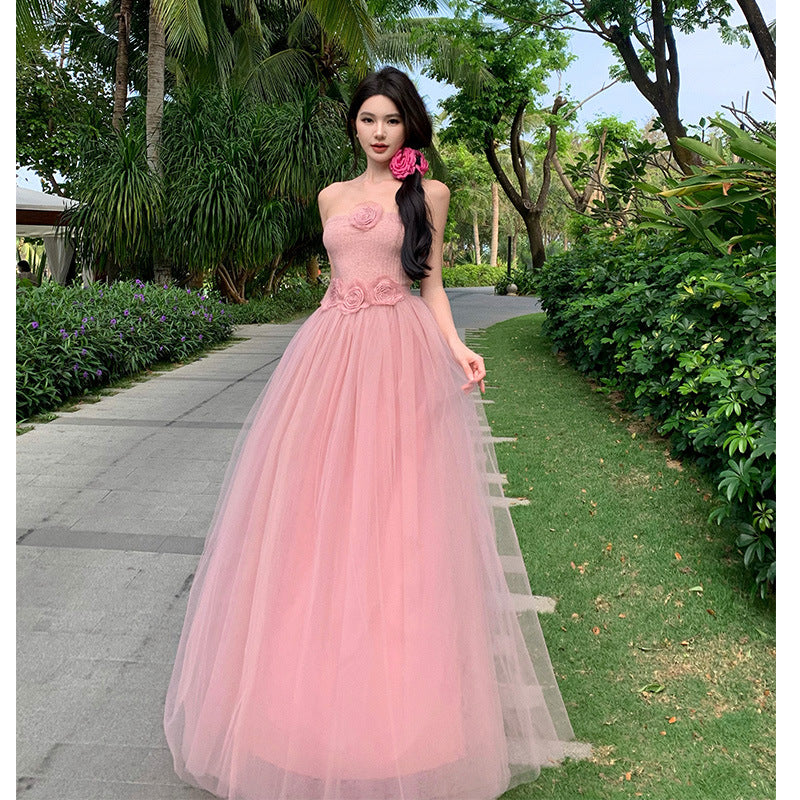 2025 pure desire bridesmaid dress graduation party evening dress skirt femininity tube top dress mesh suit female summer