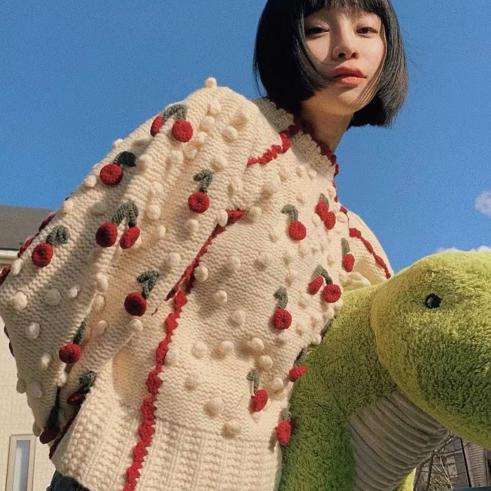 2025 se@23 autumn and winter new handmade stick and needle sweater three-dimensional cherry crochet sleeve sweater women 31598