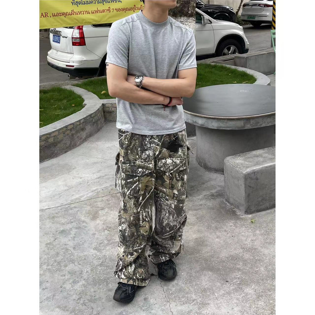 sanyamk frat boy outfit American Branch Pattern Vintage Washed Old White Camouflage Wide Leg Casual Pants Four Seasons Loose Overalls