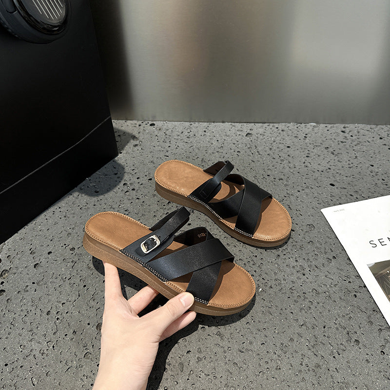 2025 popular summer new leather cowhide beef tendon soft bottom cool slippers wear non-slip flat bottom beach cross women's shoes