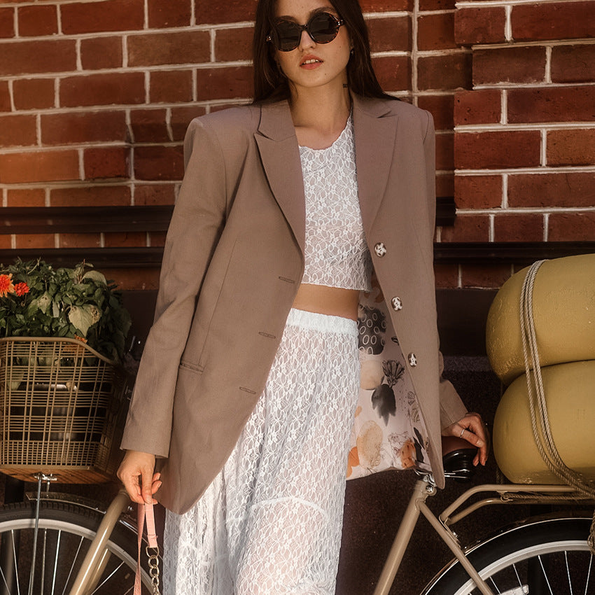 2025 Spring and summer fashion, sexy temperament, perspective brocade lace, long-sleeved crew neck short top, low-rise skirt, two-piece set for women