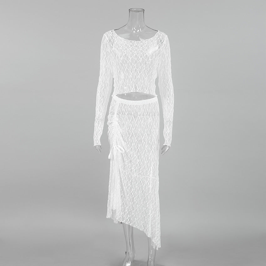 2025 Spring and summer fashion, sexy temperament, perspective brocade lace, long-sleeved crew neck short top, low-rise skirt, two-piece set for women