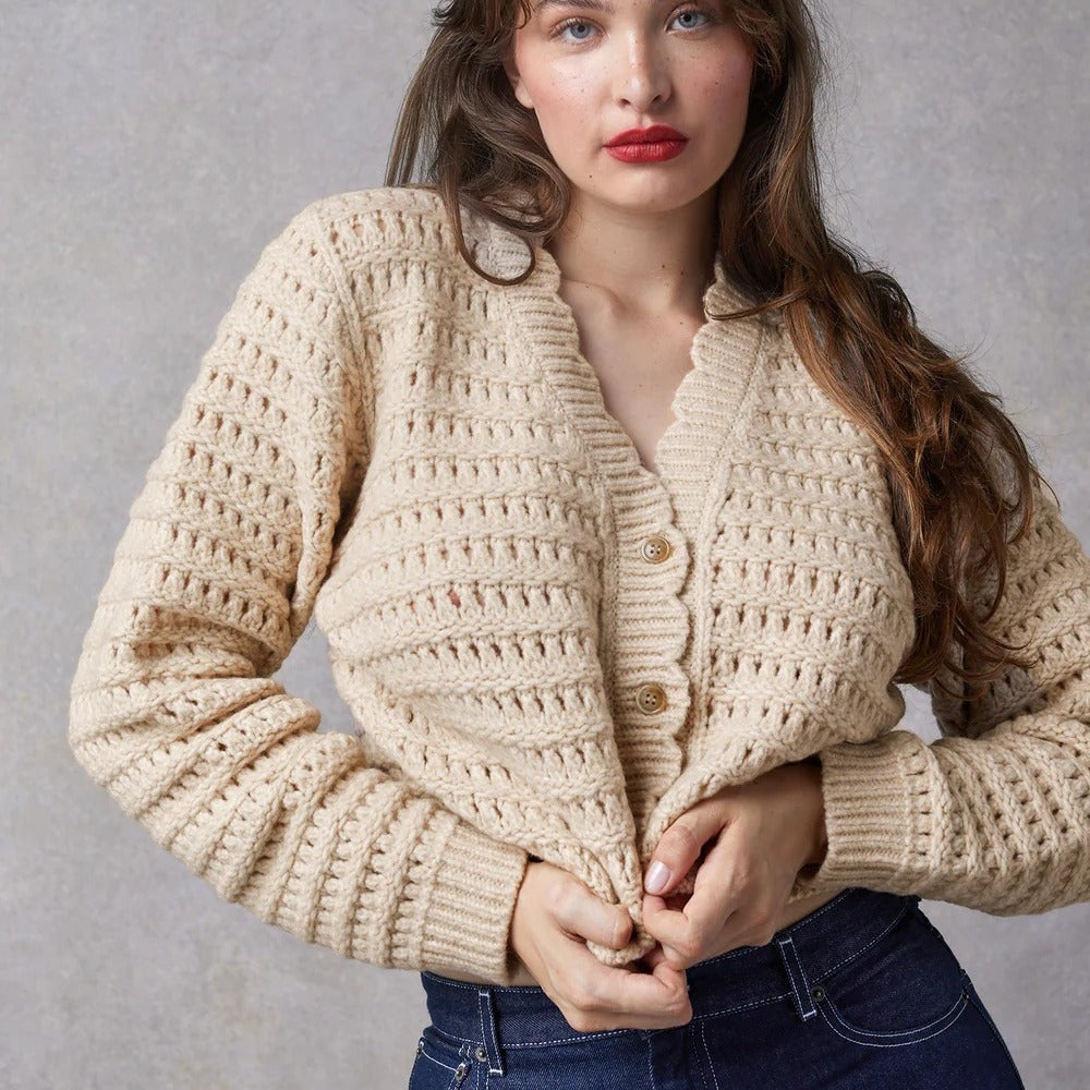 2025 sweater women's 24 autumn and winter new textured wool blend hollow crocheted V-neck long-sleeved buckle-down knitted jacket