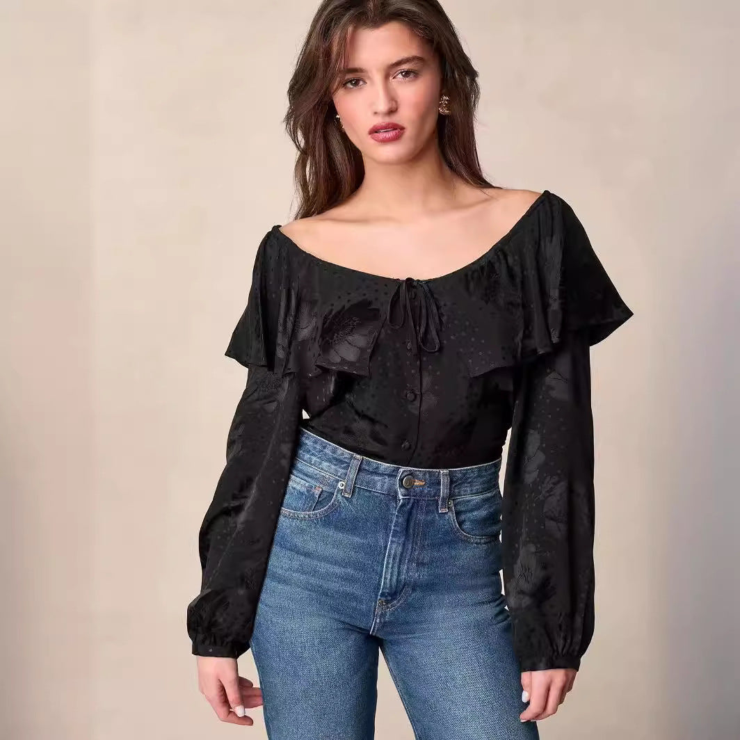 2025 Spring and summer 24 new silk dark pattern jacquard bubble sleeve shirt ruffle edge lapel top design sense
