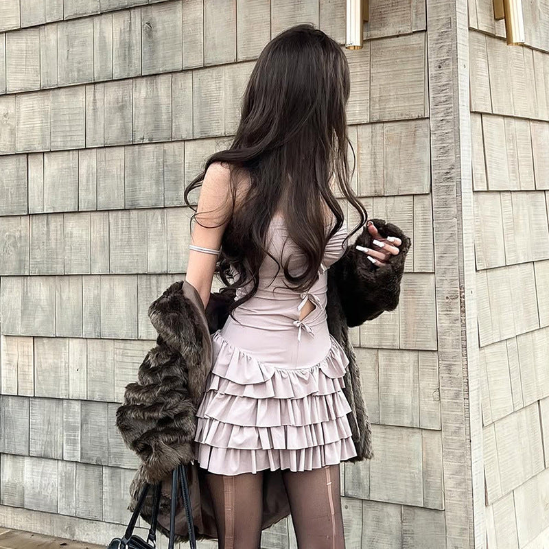 2025 style spring new women's clothing tight upper body fluffy skirt design off-the-shoulder dress