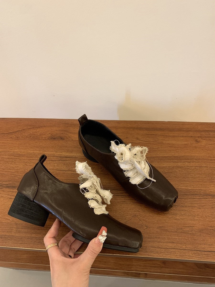 2025 Retro square head thick heel brown small leather shoes women's popular autumn and winter new straps Korean version fashion high-end single shoes