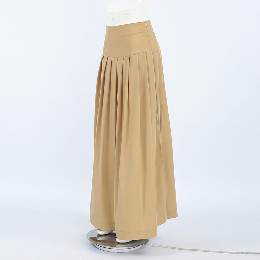 2025 Spring and summer classic retro fashion khaki casual high waist pleated commuting sexy skirt wholesale long skirt
