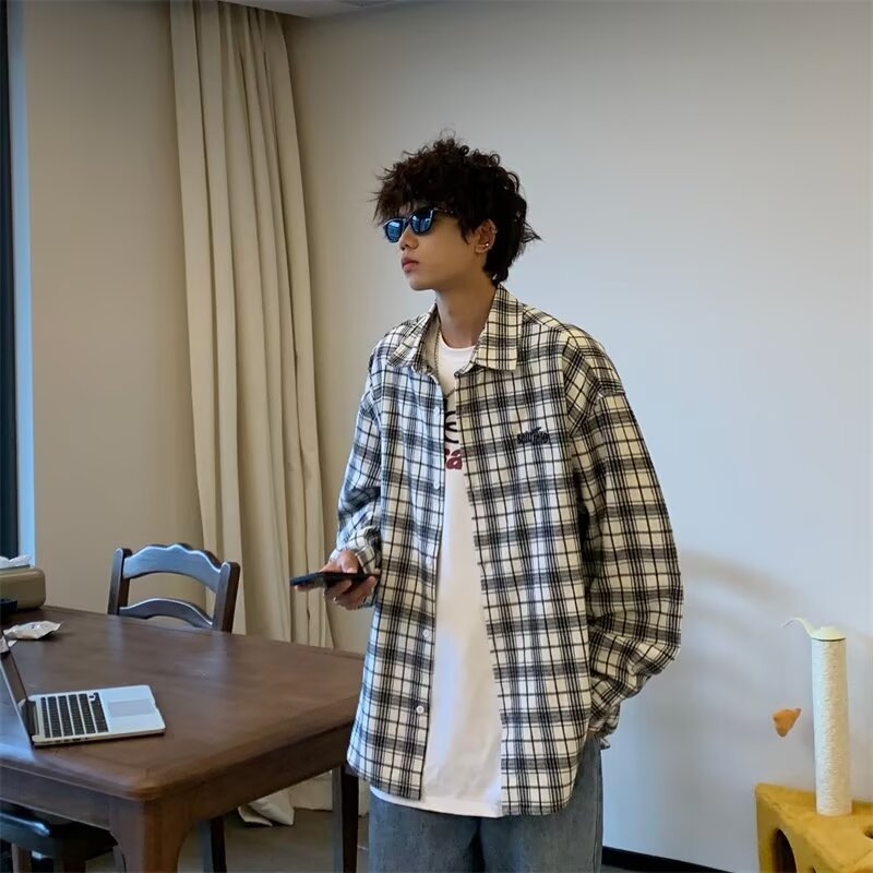 sanyamk frat outfits Autumn 2024 New Long Sleeve Plaid Shirt Boys Trendy American Couple Spring and Autumn Loose Shirt Jacket