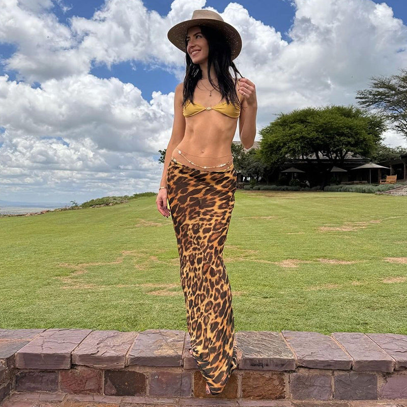 2025 M24SK077 2025 women's clothing summer new personalized hipster leopard print mesh low waist fishtail skirt women