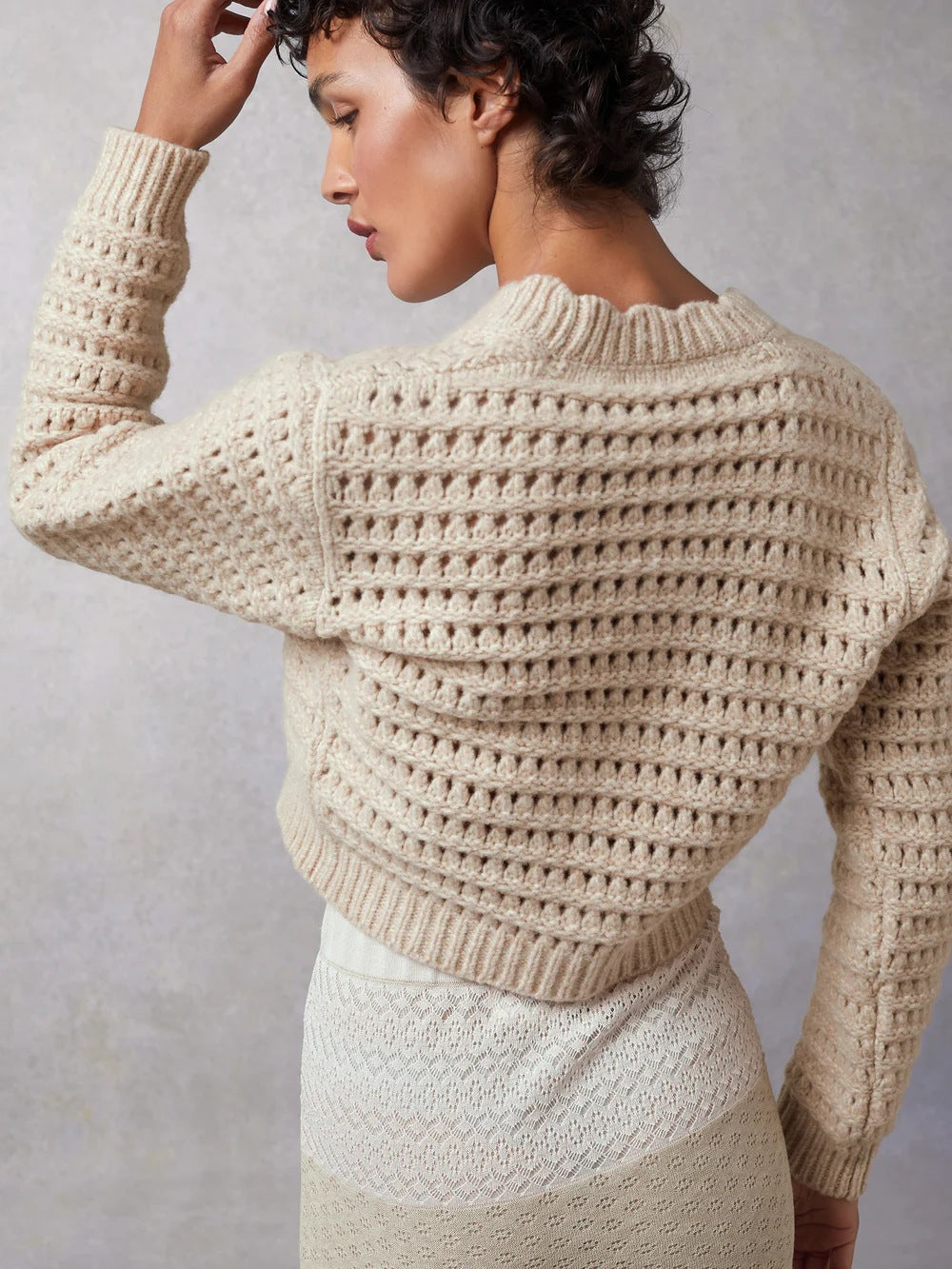 2025 sweater women's 24 autumn and winter new textured wool blend hollow crocheted V-neck long-sleeved buckle-down knitted jacket