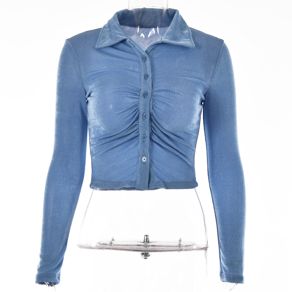 2025 Popular and ins summer new retro cardigan pleated single-breasted T-shirt solid color sexy lapel shirt top women