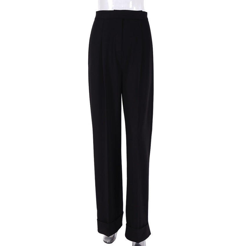 2025 new black floor-mopping trousers loose high-waisted pants women's wide-leg trousers commuter suit trousers autumn and winter