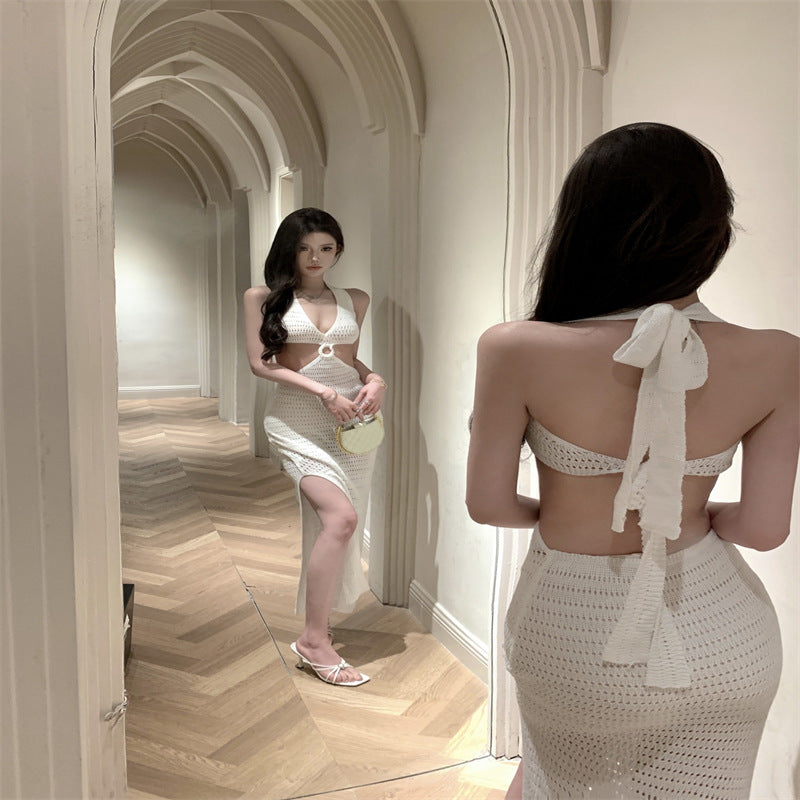 2025 Knitted Hollow Dress Vacation Bikini Blouse Swimsuit Jacket Vintage Hot Spring V-Neck Lace-Up Beach Dress