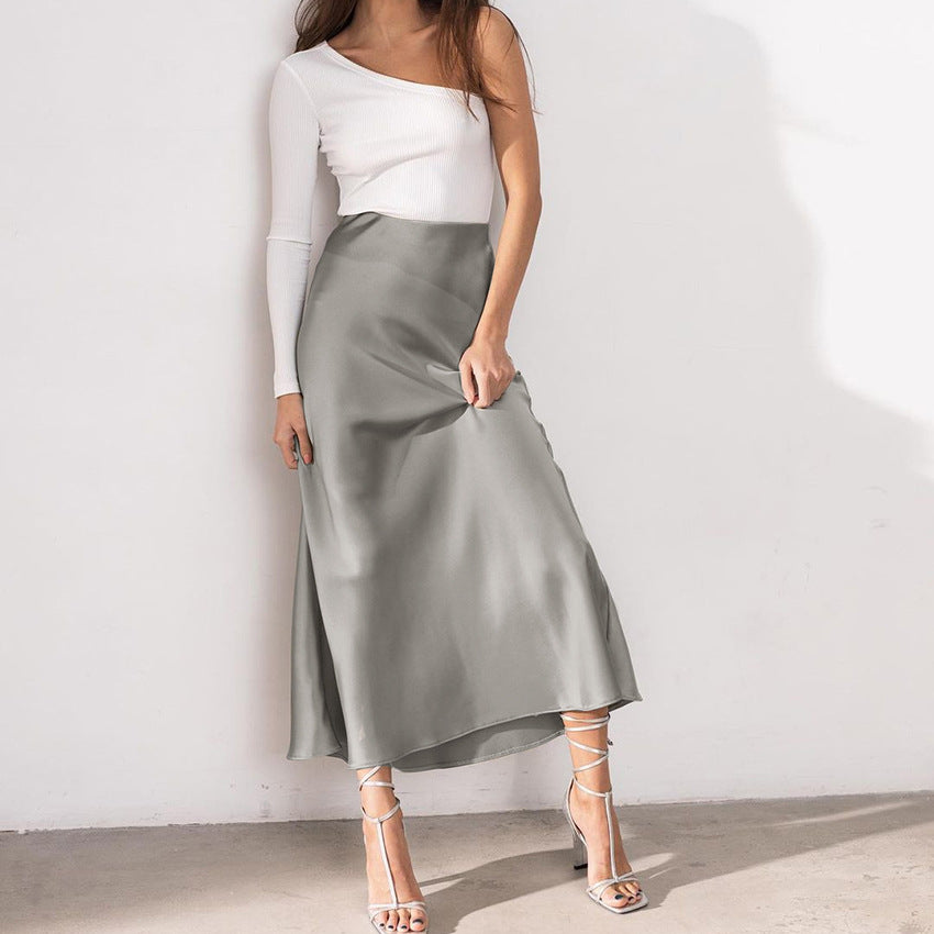 2025 autumn new high-waisted skirt silky drape medium and long skirt summer fishtail skirt ice silk purple