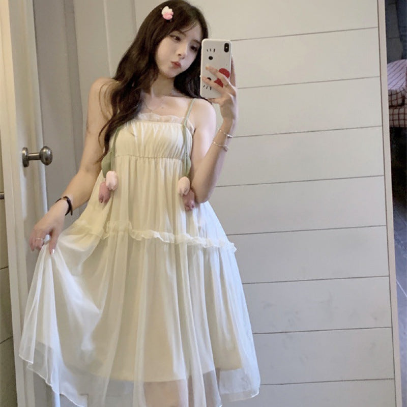 2025 Pure lust lace tulip suspender nightdress girl with chest pad summer sweet and cute pajamas loose home clothes