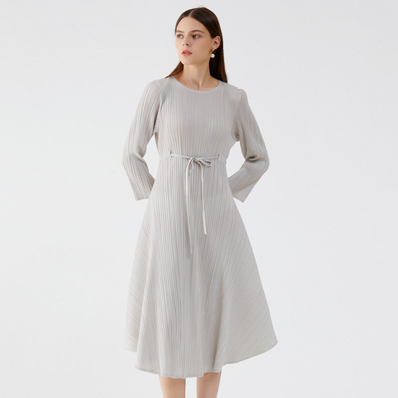 2025 spring new women's Korean version women's clothing solid color round neck dress fashion temperament slim pleated medium and long dress women