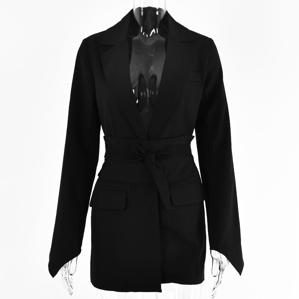 2025 hot-selling fashion casual suit women's summer new solid color long-sleeved cardigan strap waist jacket