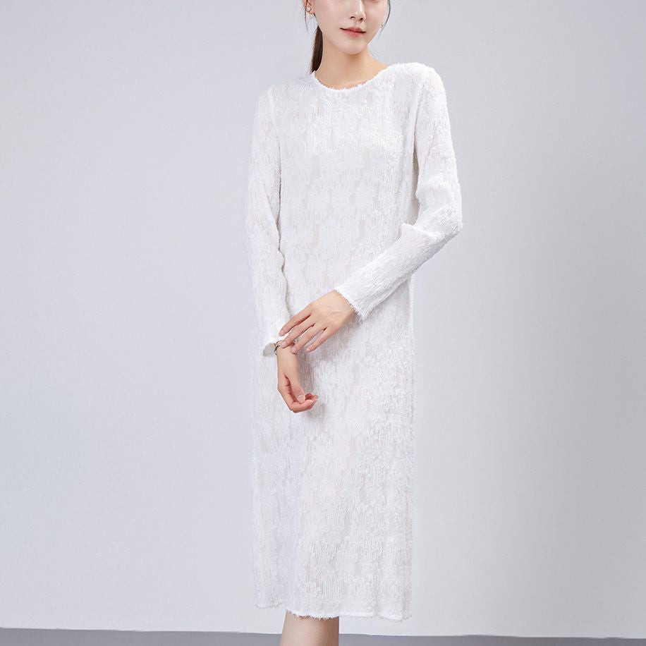 White dress autumn women's high-end fringed pleated medium and long bottom skirt chic design knitted skirt