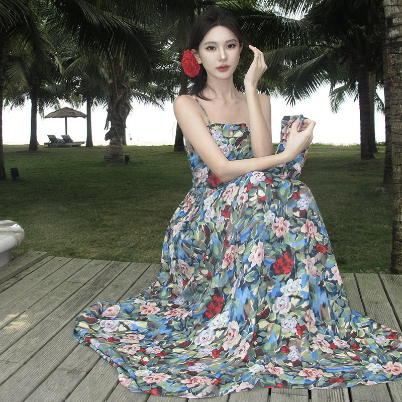 2025 Dopamine wears coffee break oil painting floral suspender dress women's summer waist seaside vacation long dress