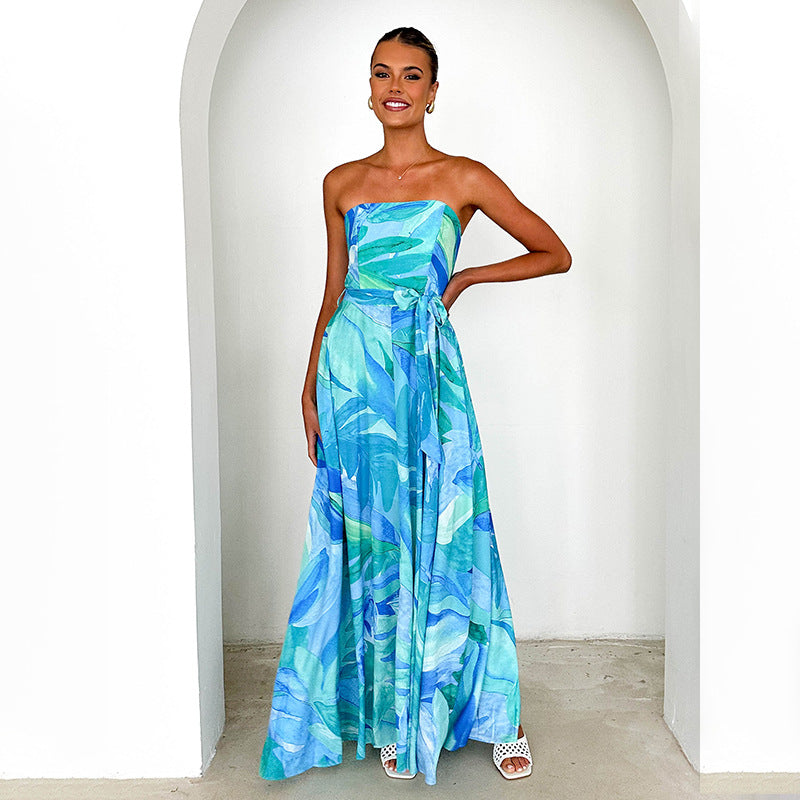 2025 D24DS688 Cross-border 2025 2025 spring and summer women's clothing new oblique beach color printed tube top strap dress