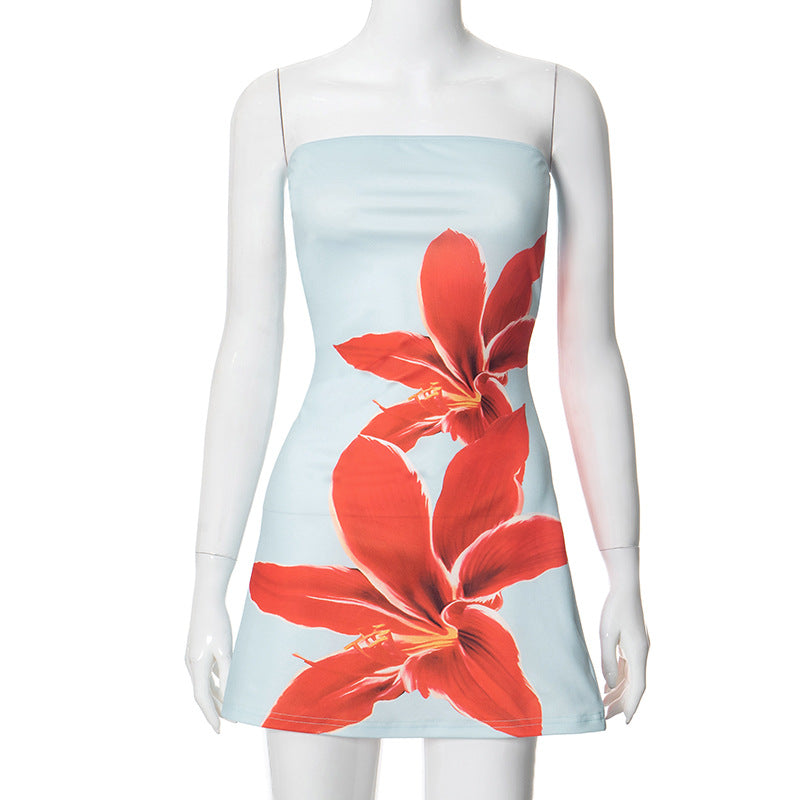 2025 D24DS192 2025 New women's clothing summer new casual tube top flower printing slim-fitting high-waisted short dress