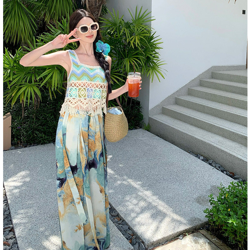 2025 Bohemian wide-leg pants women's summer blue-green smudged split-ended high-waisted trousers seaside vacation wear beach pants culottes