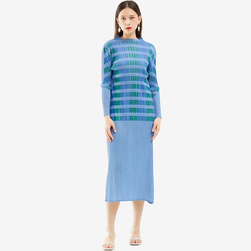 2025 spring new clothing pleated temperament slim half turtleneck dress long sleeve straight slim medium and long dress women