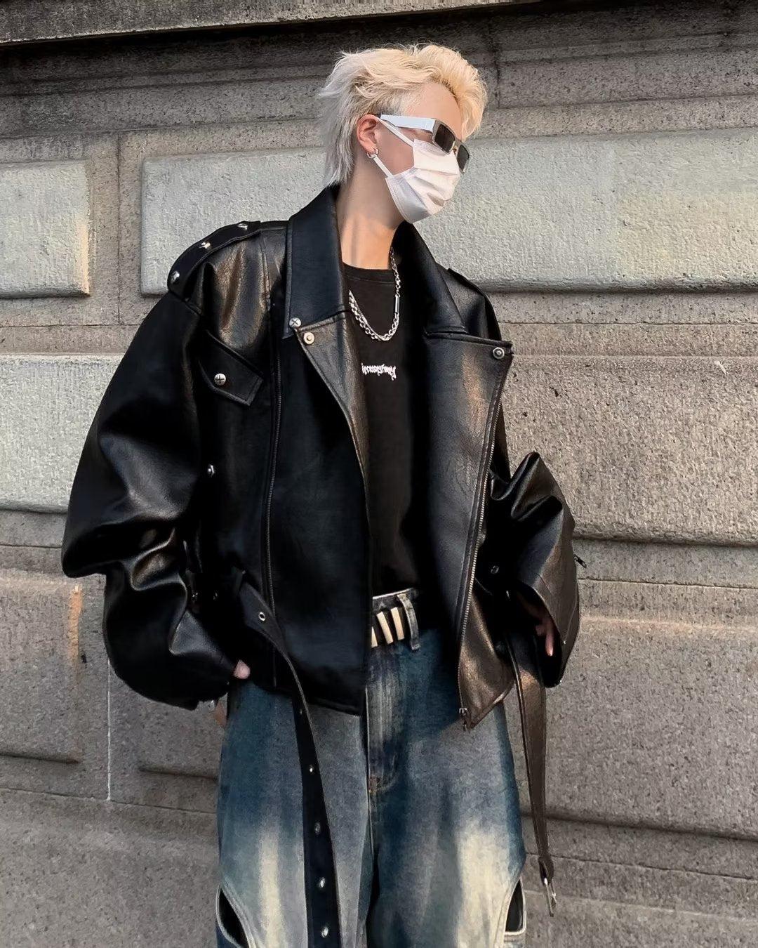 sanyamk masculine men Shoulder Pad Motorcycle Clothing Leather Coat Autumn High-Grade Short Men's Coat American Fashion Loose PU Leather Jacket
