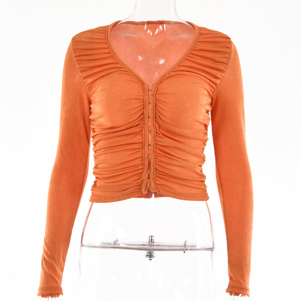 2025 New hot-selling summer new tops women's fashion sexy Spice Girls V-neck T-shirt long-sleeved single-row hidden button small top