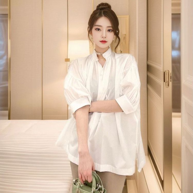 Small white shirt women's design niche top spring and summer new bubble sleeve shirt L1077