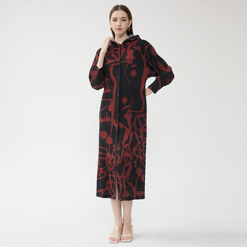 2025 spring casual print coat women's spring long-sleeved single-breasted skirt high-end hooded dress women