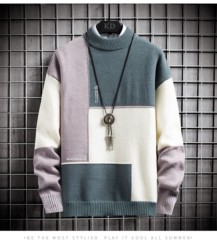 Bonsir autumn and winter new sweater warm fashion stitching color matching pullover round neck sweater thickened knitted sweater