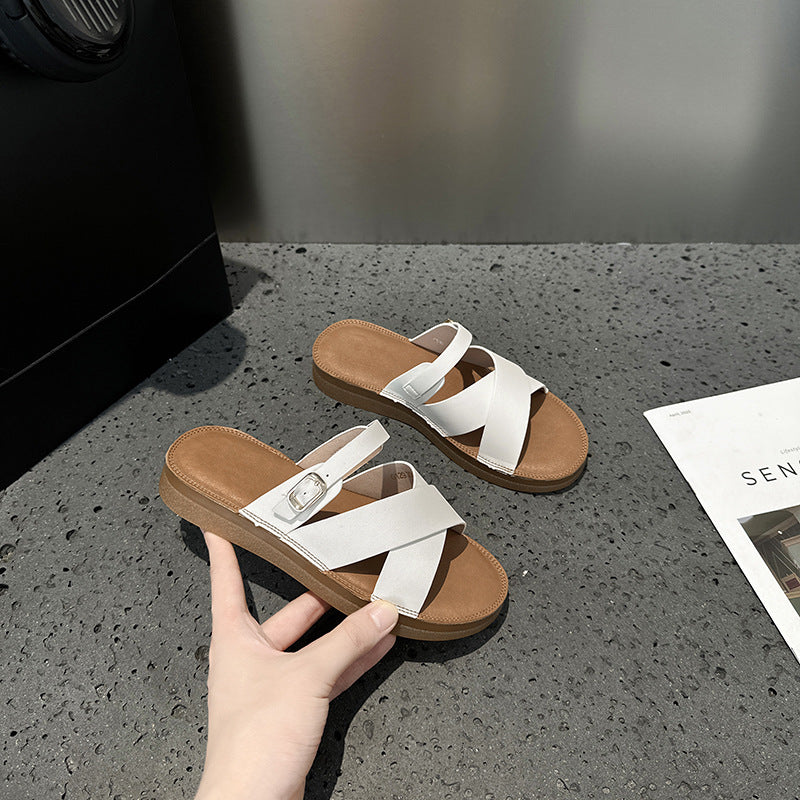 2025 popular summer new leather cowhide beef tendon soft bottom cool slippers wear non-slip flat bottom beach cross women's shoes