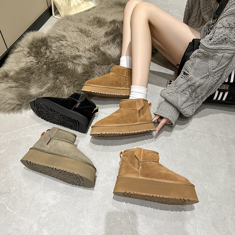 2025 Thick-soled snow boots women's new velvet thickened thermal cotton shoes women's winter heightening mini leather short boots