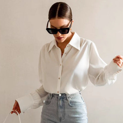 2025 white chiffon temperament lapel commuter professional shirt spring and summer fashion new women's top