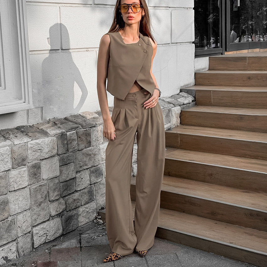 2025 casual khaki fashion temperament sleeveless vest trousers set spring and summer versatile high waist two-piece set women